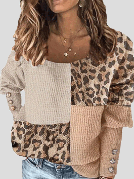 T-Shirts Round Neck Button Leopard Print Long Sleeve T-Shirt - LuckyFash™