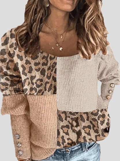 T-Shirts Round Neck Button Leopard Print Long Sleeve T-Shirt - LuckyFash™