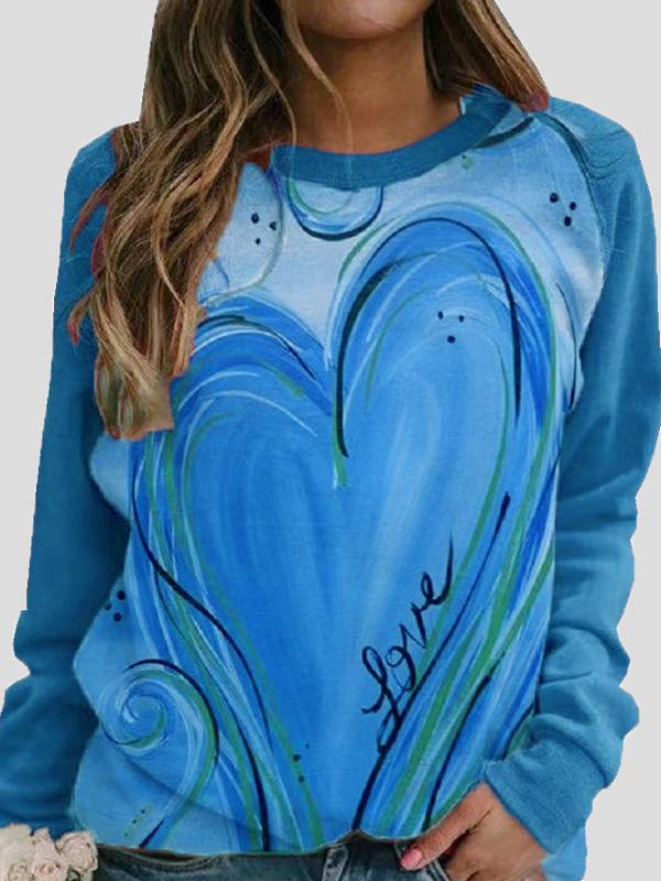 T-Shirts Round Neck Heart-Shaped Print Long Sleeve T-Shirt - LuckyFash™