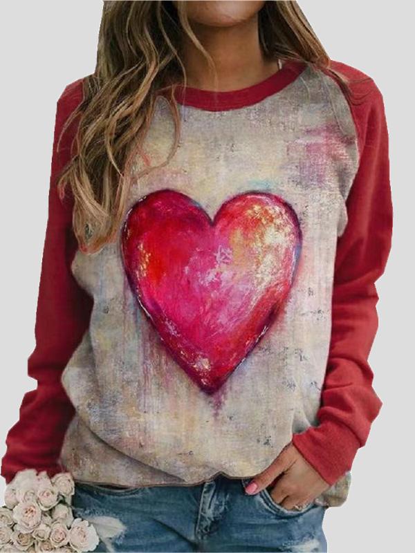 T-Shirts Round Neck Heart-Shaped Print Long Sleeve T-Shirt - LuckyFash™