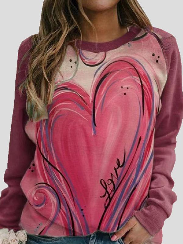 T-Shirts Round Neck Heart-Shaped Print Long Sleeve T-Shirt - LuckyFash™