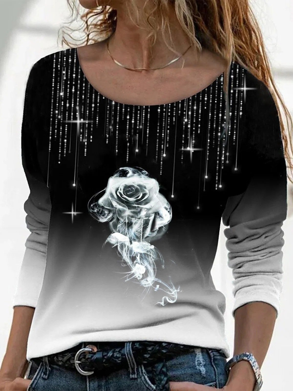 T-Shirts Round Neck Rose Print Long Sleeve T-Shirt - LuckyFash™