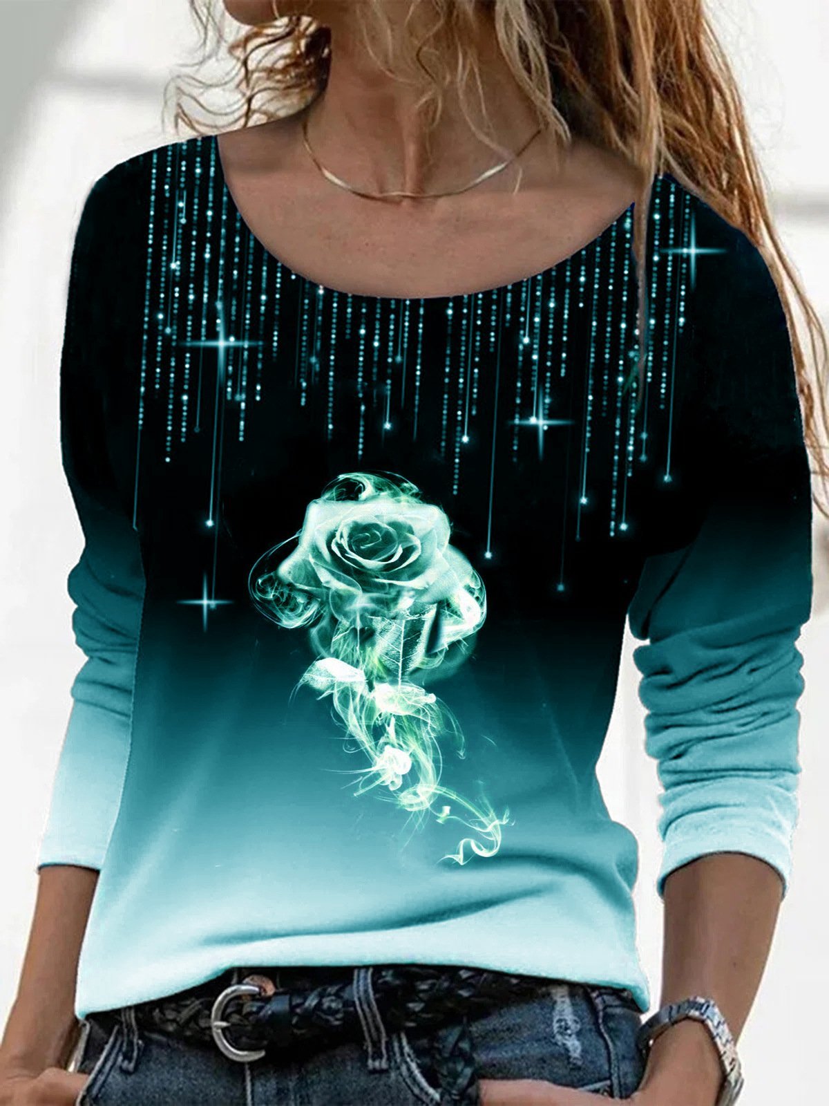 T-Shirts Round Neck Rose Print Long Sleeve T-Shirt - LuckyFash™