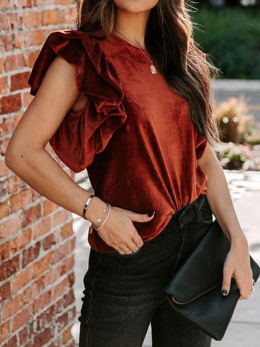 Women's T-Shirts Round Neck Ruffled Short Sleeve T-Shirt - LuckyFash™