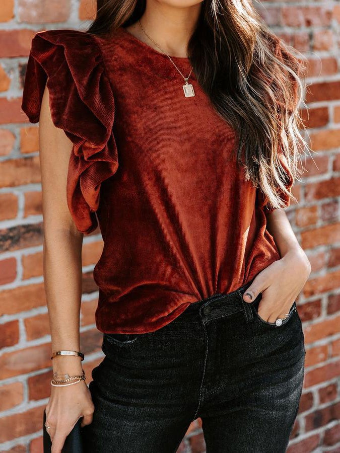 Women's T-Shirts Round Neck Ruffled Short Sleeve T-Shirt - LuckyFash™