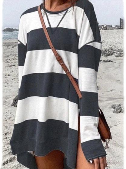 T-Shirts Round Neck Slit Stripe Print Long Sleeve T-Shirt - LuckyFash™