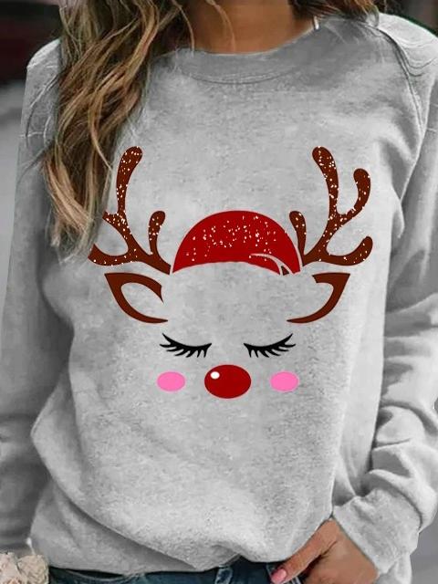 T-Shirts Santa Deer Print Round Neck Long Sleeve T-Shirt - LuckyFash™