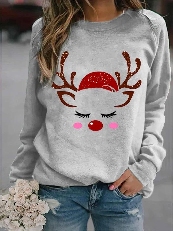 T-Shirts Santa Deer Print Round Neck Long Sleeve T-Shirt - LuckyFash™