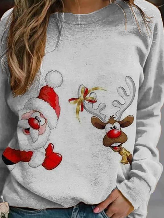 T-Shirts Santa Deer Print Round Neck Long Sleeve T-Shirt - LuckyFash™