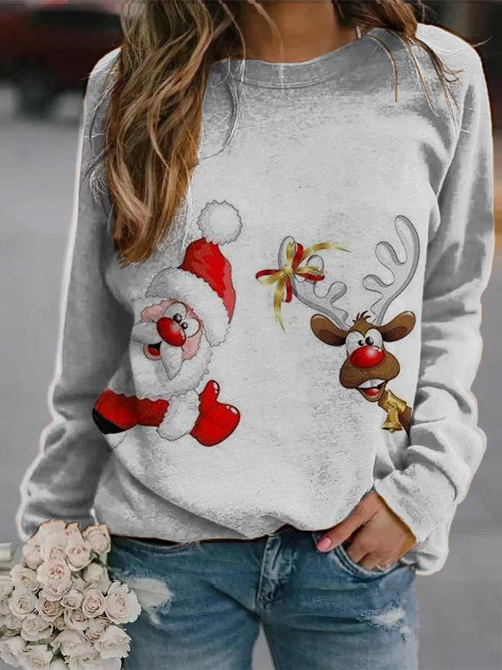 T-Shirts Santa Deer Print Round Neck Long Sleeve T-Shirt - LuckyFash™