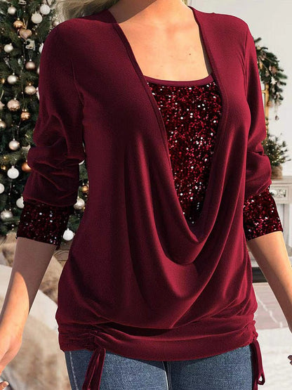 T-Shirts Sequin Panel Solid Long Sleeve Drop Collar Pleated T-Shirt - LuckyFash™