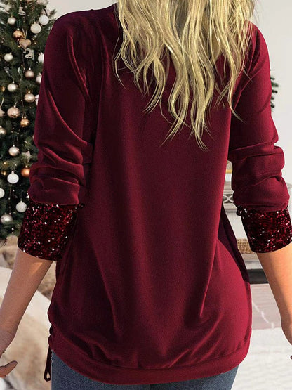 T-Shirts Sequin Panel Solid Long Sleeve Drop Collar Pleated T-Shirt - LuckyFash™