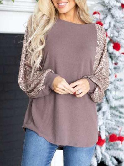 T-Shirts Sequin Stitching Round Neck Raglan Long Sleeve T-Shirt - LuckyFash™