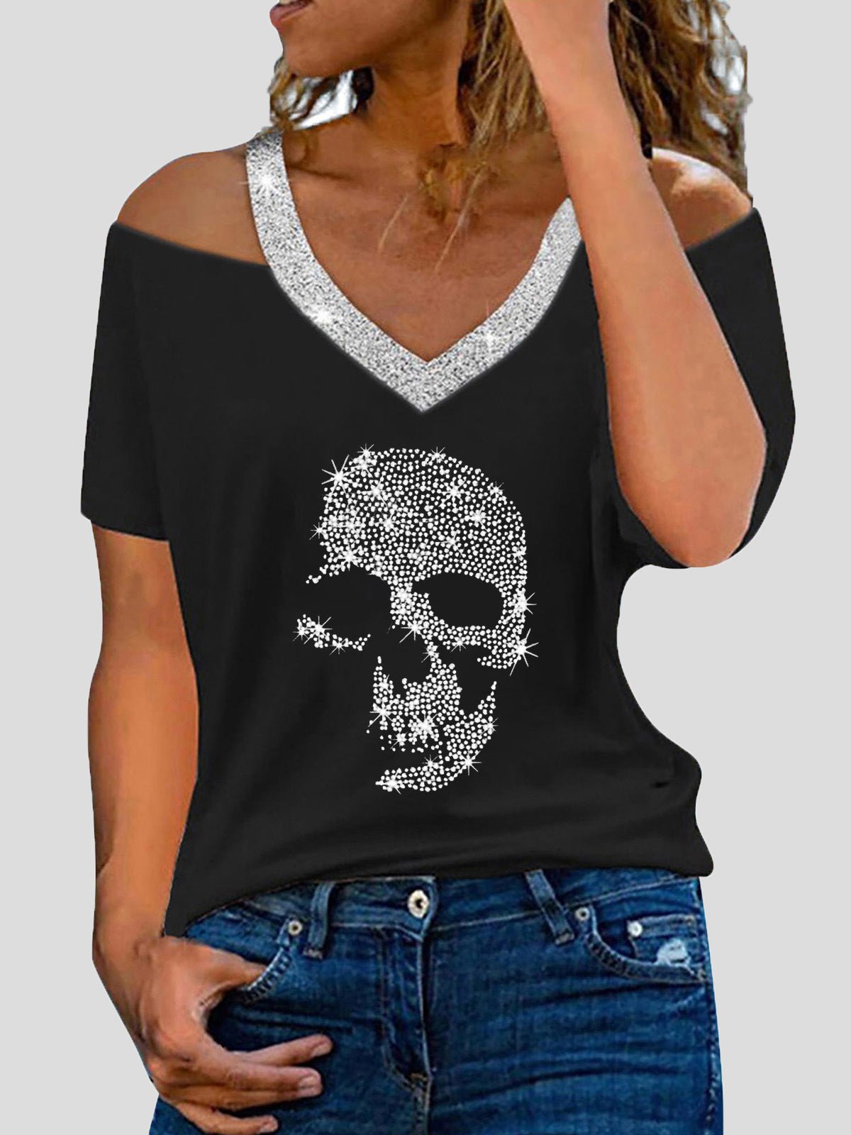 T-Shirts Skull Hot Diamond V-Neck Off-Shoulder Short Sleeve T-Shirt - LuckyFash™