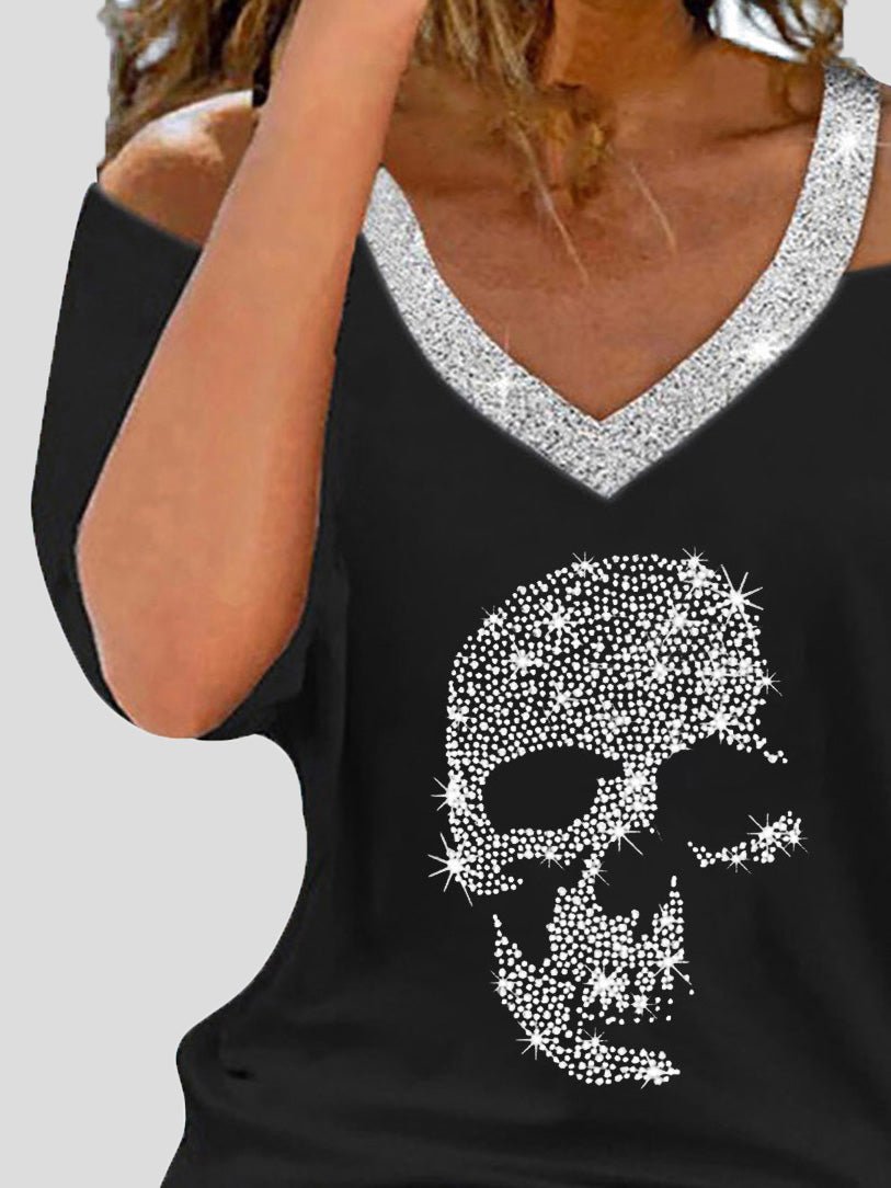 T-Shirts Skull Hot Diamond V-Neck Off-Shoulder Short Sleeve T-Shirt - LuckyFash™