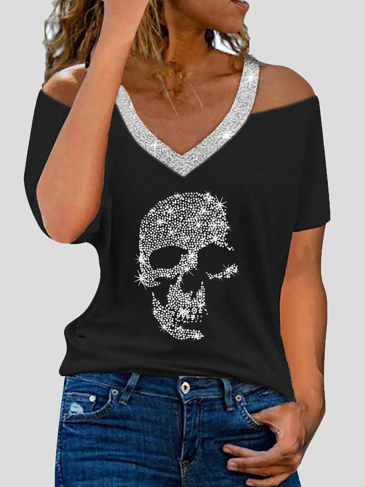 T-Shirts Skull Hot Diamond V-Neck Off-Shoulder Short Sleeve T-Shirt - LuckyFash™