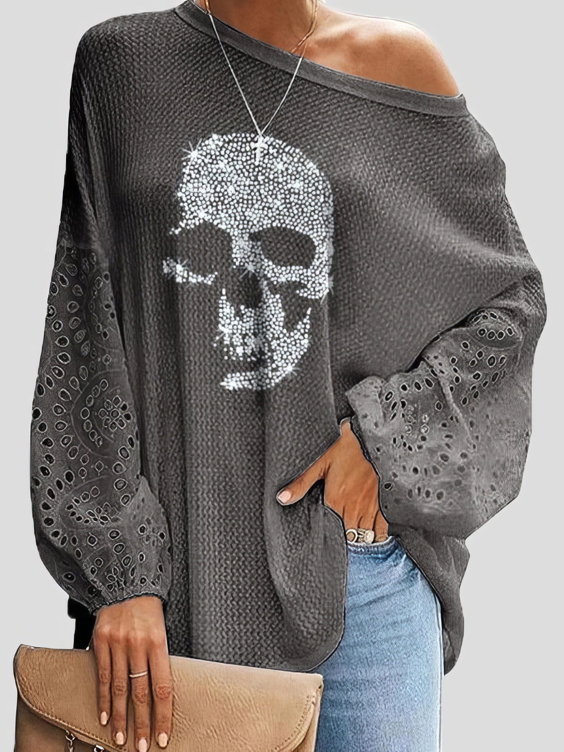 T-Shirts Skull Loose Stitching Long Sleeve T-Shirt - LuckyFash™