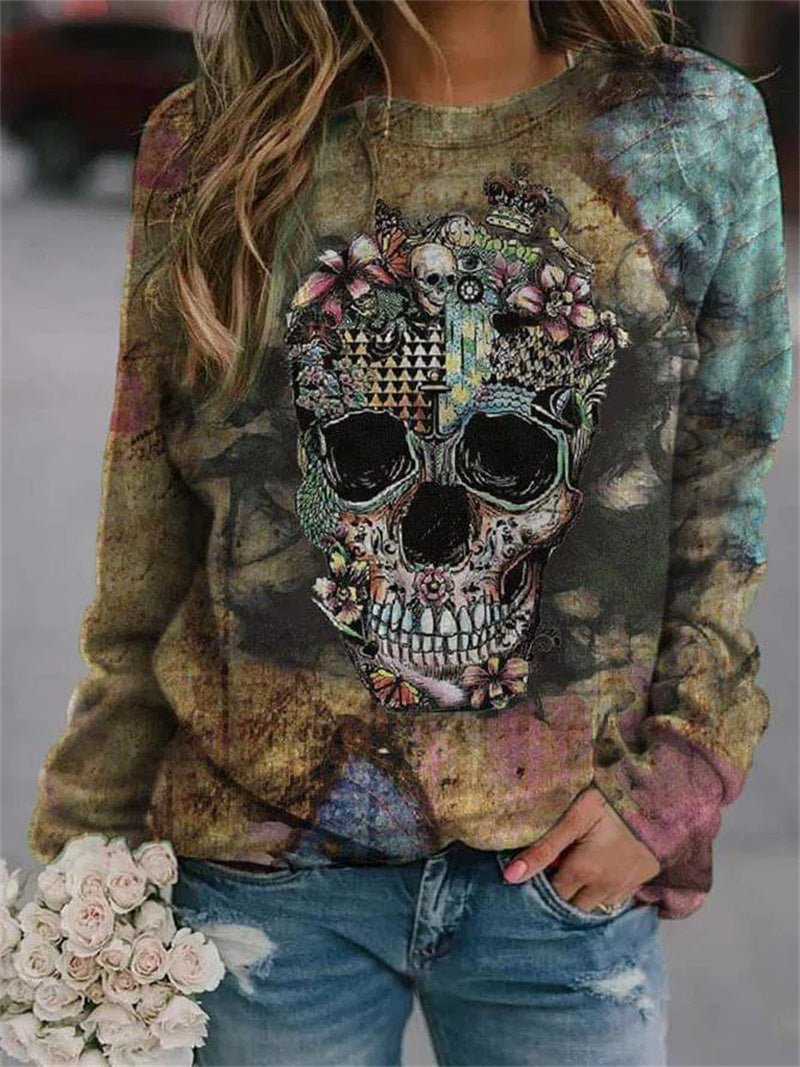 T-Shirts Skull Print Round Neck Long Sleeve T-Shirt - LuckyFash™