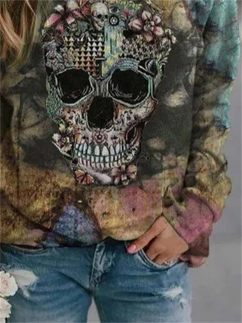 T-Shirts Skull Print Round Neck Long Sleeve T-Shirt - LuckyFash™