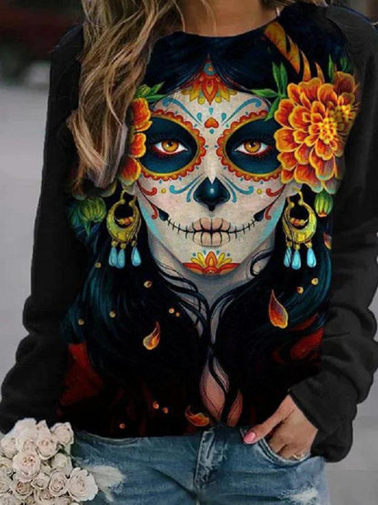 T-Shirts Skull Print Round Neck Long Sleeve T-Shirts - LuckyFash™