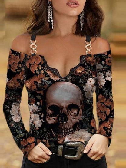 T-Shirts Skull Print V-Neck Off Shoulder Lace Long Sleeve T-Shirt - LuckyFash™