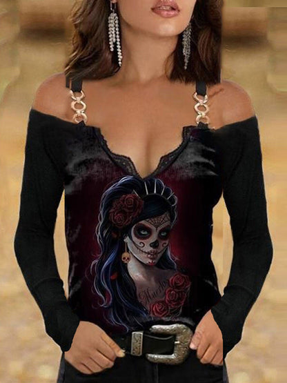 T-Shirts Skull Print V-Neck Off Shoulder Lace Long Sleeve T-Shirt - LuckyFash™