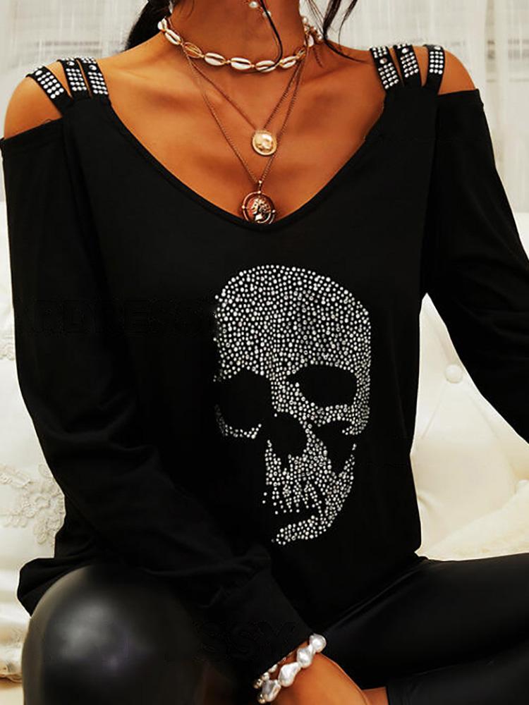 T-Shirts Skull V-Neck Off Shoulder Long Sleeve T-Shirt - LuckyFash™