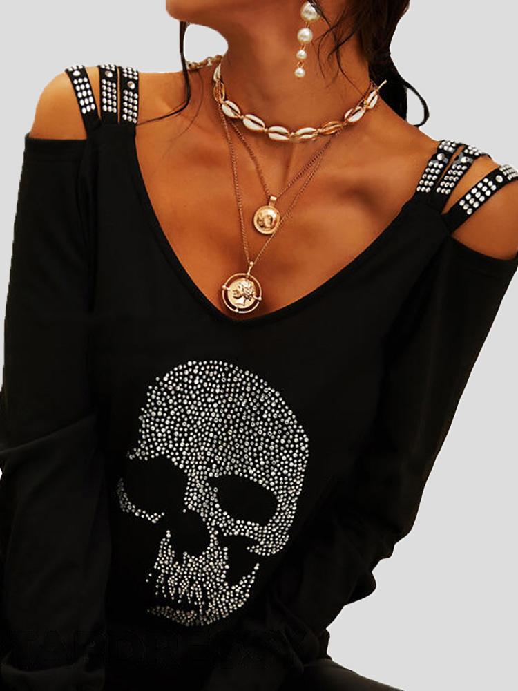 T-Shirts Skull V-Neck Off Shoulder Long Sleeve T-Shirt - LuckyFash™