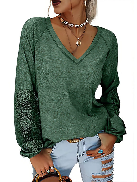 T-Shirts Solid Color Pullover V-Neck Lantern Sleeve T-Shirt - LuckyFash™
