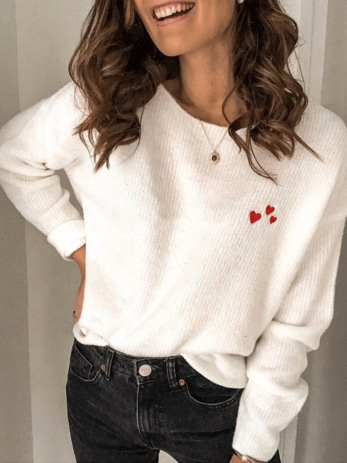 T-Shirts Solid Embroidery Love Round Neck Long Sleeves T-Shirt - LuckyFash™