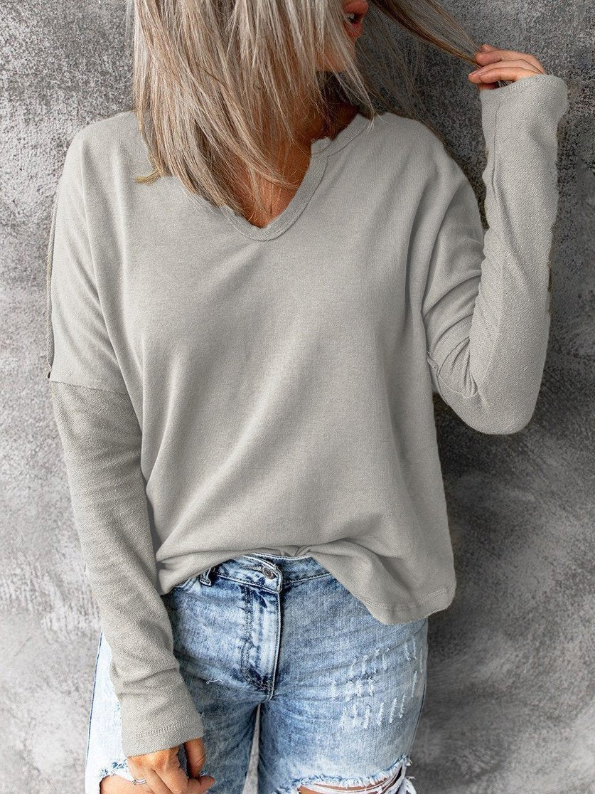 T-Shirts Solid Pullover V-Neck Long Sleeve T-Shirts - LuckyFash™