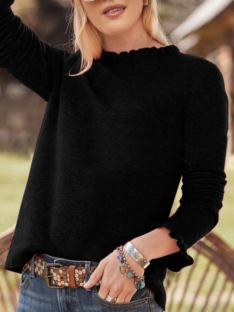 Women's T-Shirts Solid Ruffled Round Neck Long Sleeve Woolen T-Shirt - LuckyFash™