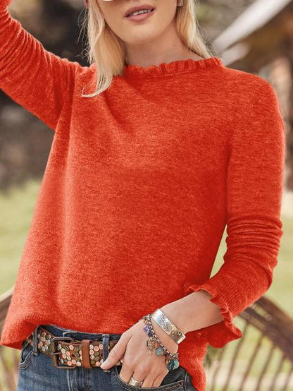 Women's T-Shirts Solid Ruffled Round Neck Long Sleeve Woolen T-Shirt - LuckyFash™