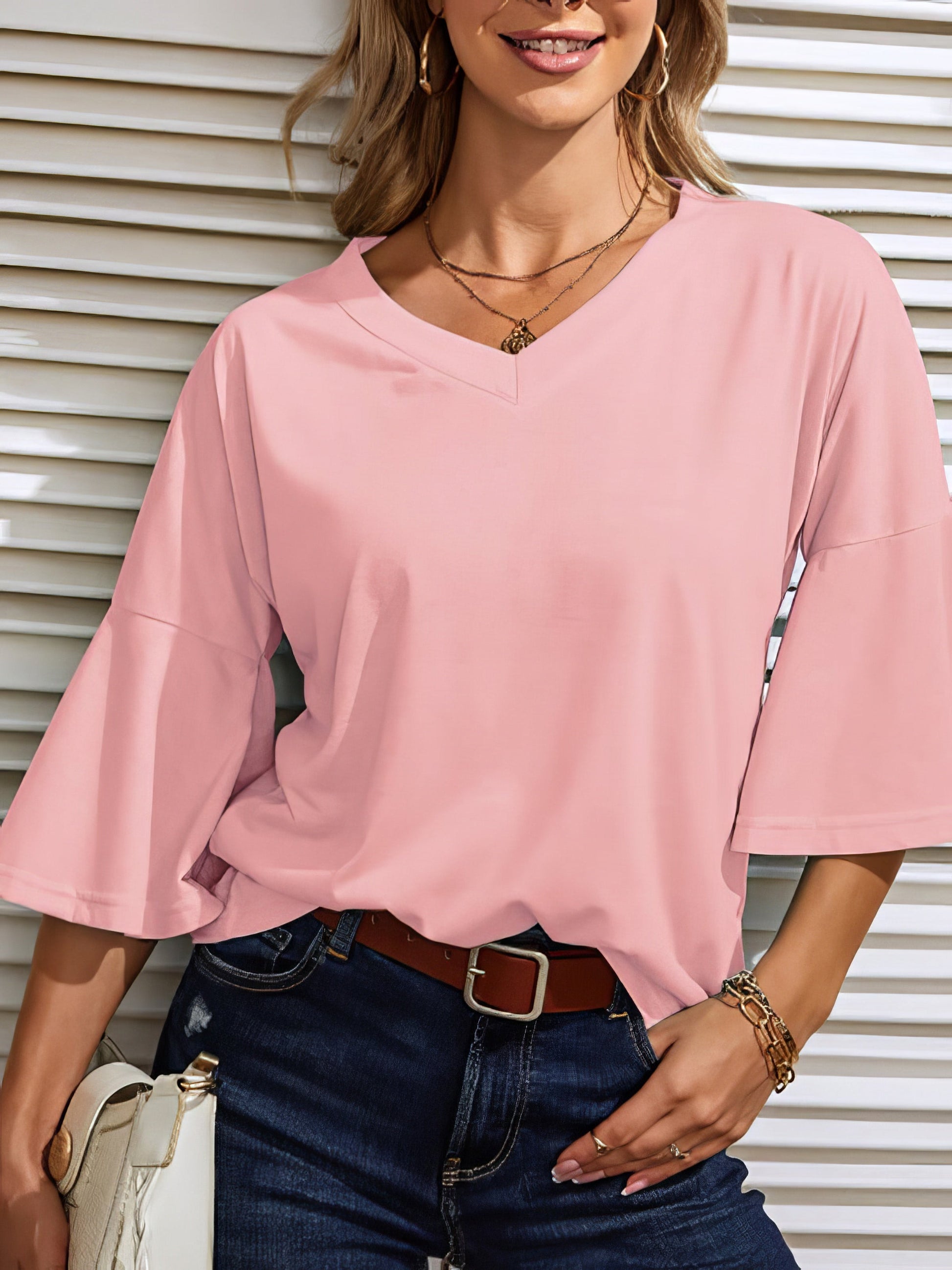 T-Shirts Solid V Neck Bell Sleeve Loose Casual T-Shirt - LuckyFash™