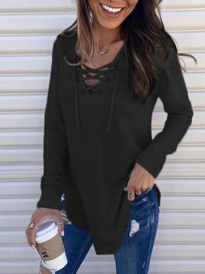 Women's T-Shirts Solid V-Neck Belted Long Sleeve T-Shirt - LuckyFash™