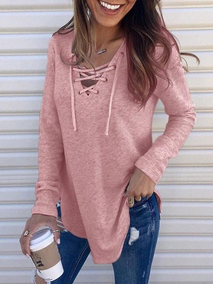 Women's T-Shirts Solid V-Neck Belted Long Sleeve T-Shirt - LuckyFash™