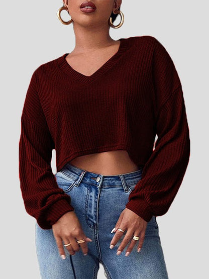 Women's T-Shirts Solid V-Neck Crop Long Sleeve Knit T-Shirt - LuckyFash™