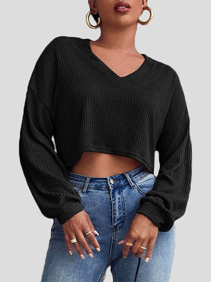 Women's T-Shirts Solid V-Neck Crop Long Sleeve Knit T-Shirt - LuckyFash™