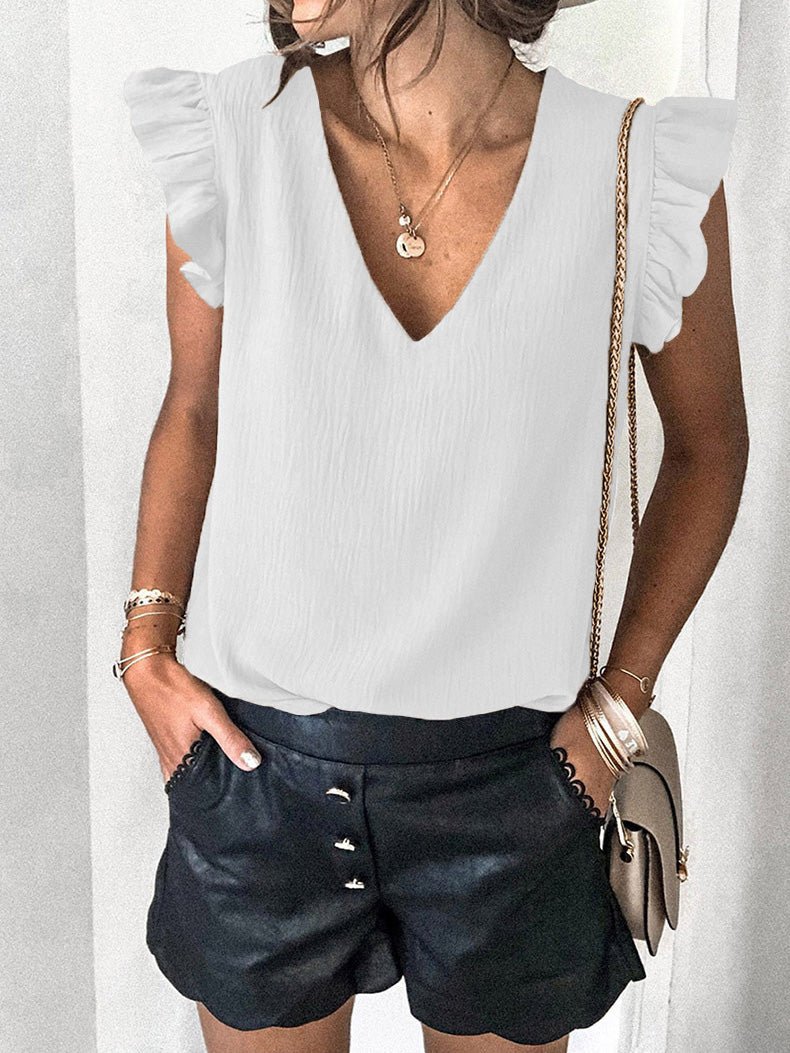 T-Shirts Solid V-Neck Ruffle Sleeve T-Shirt - LuckyFash™