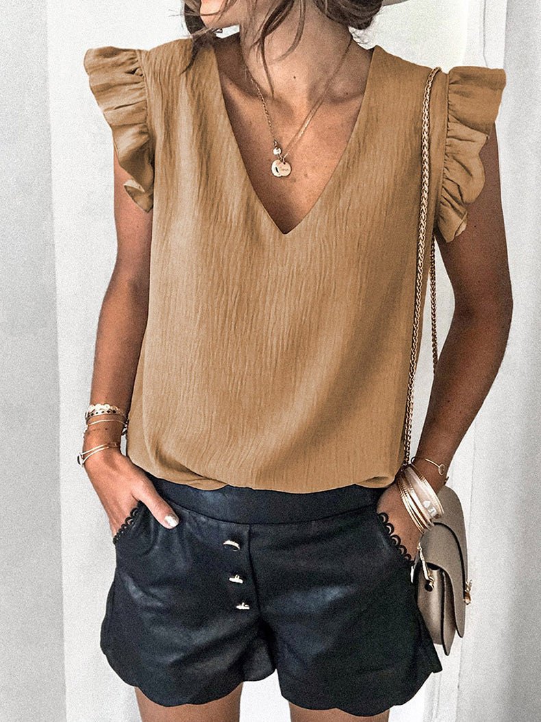 T-Shirts Solid V-Neck Ruffle Sleeve T-Shirt - LuckyFash™