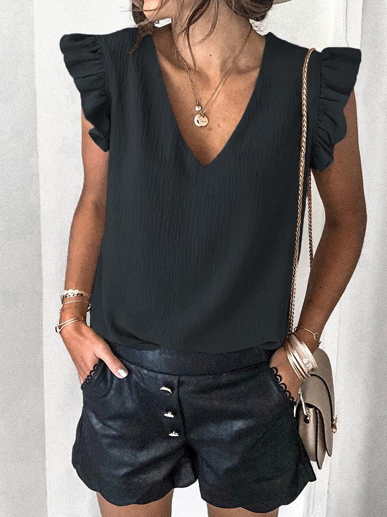 T-Shirts Solid V-Neck Ruffle Sleeve T-Shirt - LuckyFash™