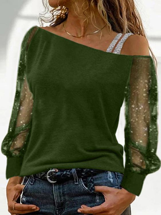 T-Shirts Sparkling Mesh Stitching Strapless Long Sleeve T-Shirt - LuckyFash™