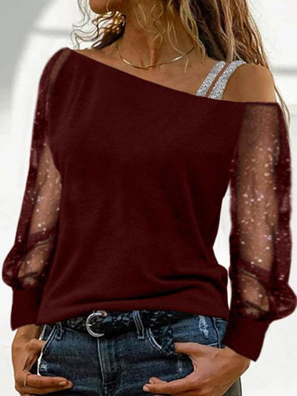 T-Shirts Sparkling Mesh Stitching Strapless Long Sleeve T-Shirt - LuckyFash™