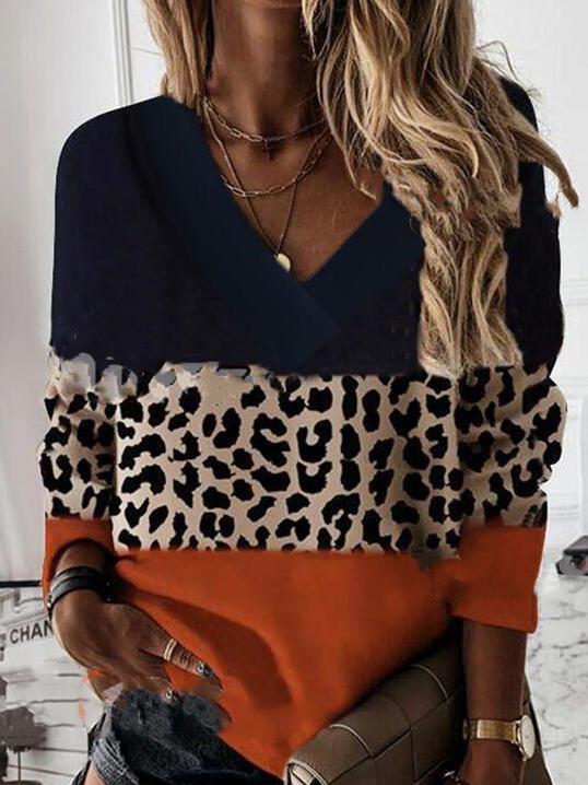 T-Shirts Stitched Leopard V-Neck Long Sleeves T-Shirt - LuckyFash™