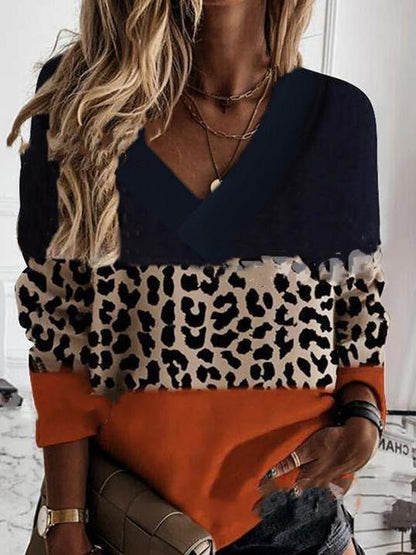 T-Shirts Stitched Leopard V-Neck Long Sleeves T-Shirt - LuckyFash™