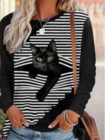 T-Shirts Striped Cat Print Crew Neck Long Sleeve T-Shirt - LuckyFash™