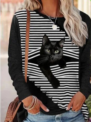 T-Shirts Striped Cat Print Crew Neck Long Sleeve T-Shirt - LuckyFash™