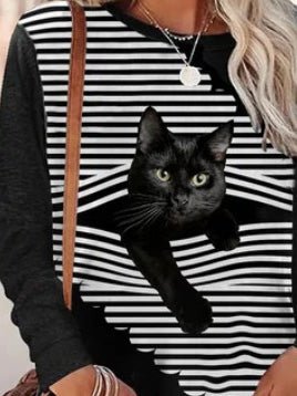 T-Shirts Striped Cat Print Crew Neck Long Sleeve T-Shirt - LuckyFash™