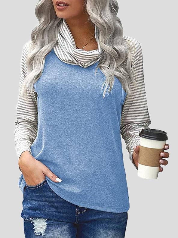 T-Shirts Striped Print Stitching High-Neck Long Sleeve T-Shirt - LuckyFash™