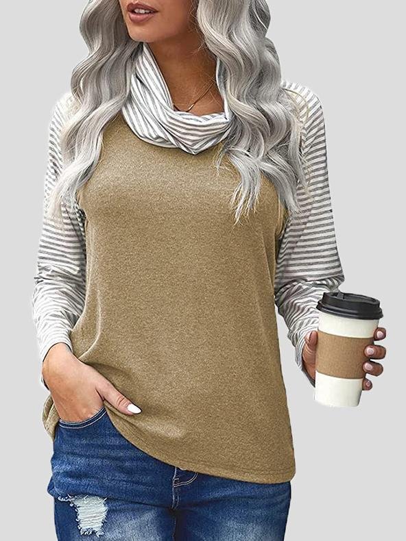 T-Shirts Striped Print Stitching High-Neck Long Sleeve T-Shirt - LuckyFash™